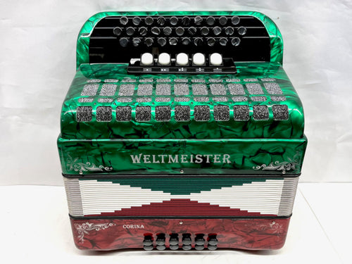 Weltmeister Corina 520 Diatonic Button Accordion GCF 3 Row 12 Bass- Green, White & Red
