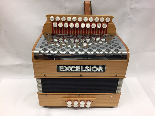 Excelsior Diatonic Button Accordion CF MM 2 Row 8 Bass - Wood FinishExcelsior Diatonic Button Accordion CF MM 2 Row 8 Bass